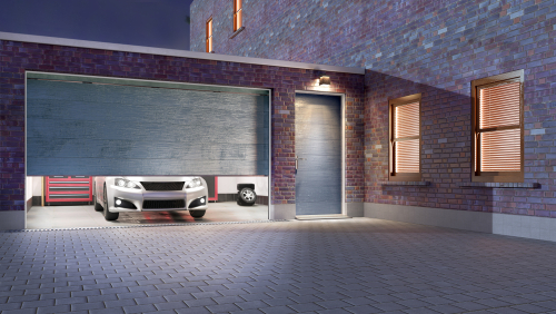 Garage,entrance,with,open,sectional,doors.,3d,illustration